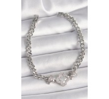 Pirinç Gümüş Renk Zirkon Taşlı Yonca Figür Zincir Model Kadın Bileklik