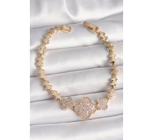 Pirinç Gold Renk Zirkon Taşlı Yonca Model Zincir Kadın Bileklik