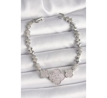 Pirinç Gümüş Renk Zirkon Taşlı Yonca Model Zincir Model Kadın Bileklik