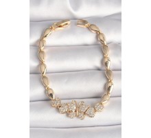 Pirinç Gold Renk Zirkon Taşlı Kelebek Figür Damla Zincir Model Kadın Bileklik