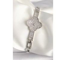 Pirinç Gümüş Renk Zirkon Taşlı Yonca Model Kadın Bileklik