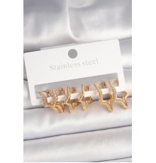 Pirinç Gold Renk Zirkon Taşlı 3 Çift Yıldız Model Kadın Küpe