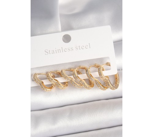 Pirinç Gold Renk Zirkon Taşlı 3 Çift Kalp Model Kadın Küpe