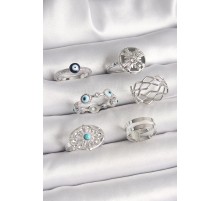 Pirinç Gümüş Renk Nazar Boncuk Zirkon Taş Detaylı Dalga Figür Kadın Yüzük Kombini