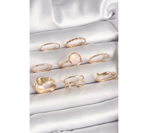 Pirinç Gold Renk Pembe Mineli Kemer Model Kadın Yüzük Kombini Pirinç Gold Renk Pembe Mineli Kemer Model Kadın Yüzük Kombini