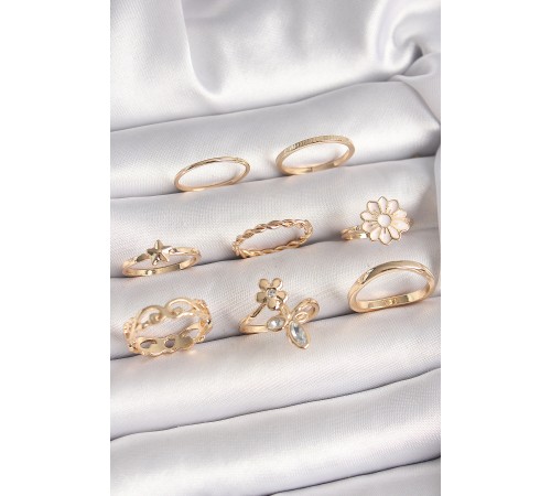 Pirinç Gold Renk Çiçek Model Zirkon Taş Detay Kadın Yüzük Kombini Pirinç Gold Renk Çiçek Model Zirkon Taş Detay Kadın Yüzük Kombini