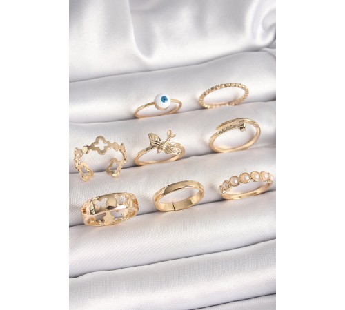 Pirinç Gold Renk Nazar Boncuk Model Kuş Detay Kadın Yüzük Kombini Pirinç Gold Renk Nazar Boncuk Model Kuş Detay Kadın Yüzük Kombini
