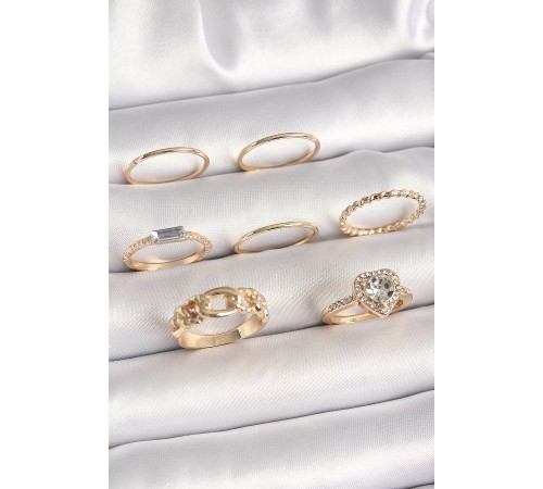Pirinç Gold Renk Zirkon Taşlı Kalp Figür Düğüm Detay Kadın Yüzük Kombini Pirinç Gold Renk Zirkon Taşlı Kalp Figür Düğüm Detay Kadın Yüzük Kombini