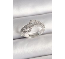 Pirinç Gümüş Renk Su Yolu Zirkon Taşlı Ayarlanabilir Model Kadın Yüzük