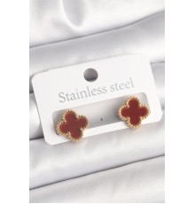 Pirinç Gold Renk Bordo Yonca Model Kadın Küpe
