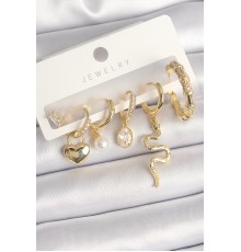 Pirinç Gold Renk Sallantı Yılan Model Zirkon Taşlı Halka Kilit Kalp Detay Kadın Küpe Seti
