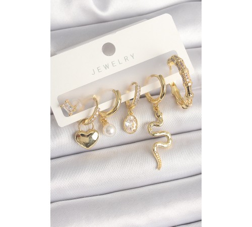 Pirinç Gold Renk Sallantı Yılan Model Zirkon Taşlı Halka Kilit Kalp Detay Kadın Küpe Seti Pirinç Gold Renk Sallantı Yılan Model Zirkon Taşlı Halka Kilit Kalp Detay Kadın Küpe Seti