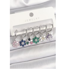 Pirinç Gümüş Renk Sallantı Renkli Zirkon Taşlı Çiçek Model Kadın Küpe Seti