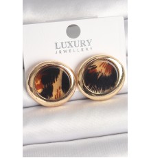 Pirinç Gold Renk Leopar Desen Daire Model Kadın Küpe