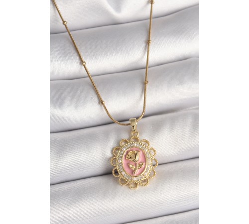 316L Çelik Gold Renk Topçuk Zincir Zirkon Taş Detaylı Pembe Gül İşlemeli Portre Model Kadın Kolye 316L Çelik Gold Renk Topçuk Zincir Zirkon Taş Detaylı Pembe Gül İşlemeli Portre Model Kadın Kolye