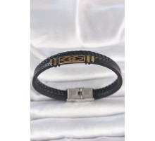 316L Çelik Gold Renk Aksesuarlı Çift Sıra Siyah Burgu Desenli Deri Kordon Erkek Bileklik