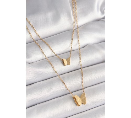 316L Çelik Gold Renk 2'Li Simli Kelebek Model Kadın Kolye