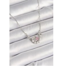 316L Çelik Gümüş Renk Zirkon Taşlı Hilal Pembe Kalp Model Kadın Kolye