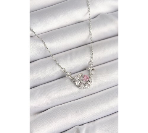 316L Çelik Gümüş Renk Zirkon Taşlı Hilal Pembe Kalp Model Kadın Kolye 316L Çelik Gümüş Renk Zirkon Taşlı Hilal Pembe Kalp Model Kadın Kolye