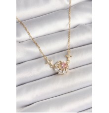 316L Çelik Gold Renk Zirkon Taşlı Hilal Pembe Kalp Model Kadın Kolye