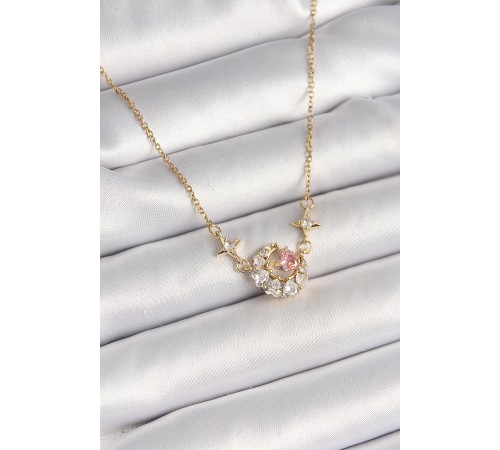 316L Çelik Gold Renk Zirkon Taşlı Hilal Pembe Kalp Model Kadın Kolye 316L Çelik Gold Renk Zirkon Taşlı Hilal Pembe Kalp Model Kadın Kolye