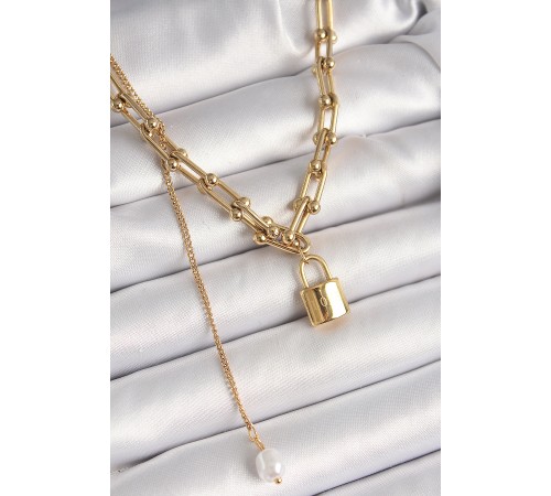 316L Çelik Gold Renk Tiffany Zincir Model Kilit Figür Sallantı İnci Detay Kadın Kolye 316L Çelik Gold Renk Tiffany Zincir Model Kilit Figür Sallantı İnci Detay Kadın Kolye