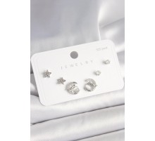 925 Ayar Gümüş Çivi Zirkon Taşlı Hilal Yıldız Model Kadın Küpe Seti