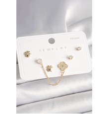 925 Ayar Gümüş Çivi Pirinç Gold Renk Zirkon Taşlı Yonca Model Sallantı Zincir Detay Kadın Küpe Seti