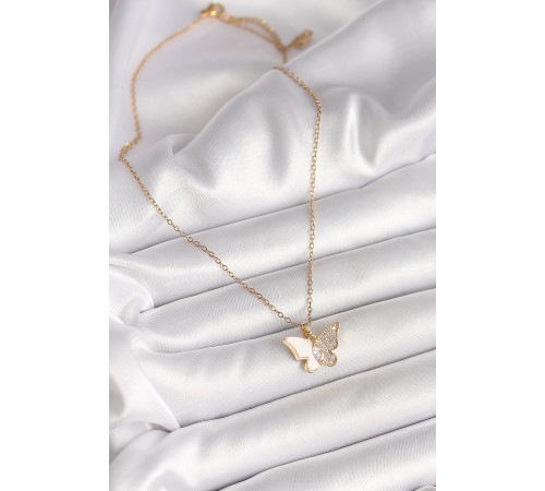 316L Çelik Gold Renk Zincir Zirkon Taşlı Beyaz Mineli Kelebek Model Kadın Kolye