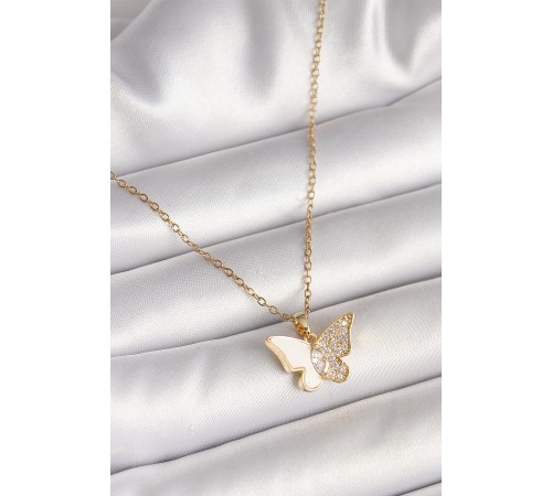 316L Çelik Gold Renk Zincir Zirkon Taşlı Beyaz Mineli Kelebek Model Kadın Kolye