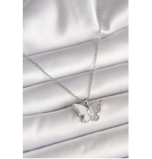 316L Çelik Gümüş Renk Zincir Zirkon Taşlı Beyaz Mineli Kelebek Model Kadın Kolye