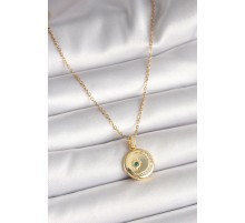 316L Çelik Gold Renk Zincir Zirkon Taş İşlemeli Hilal Yıldız İşlemeli Madalyon Model Kadın Kolye