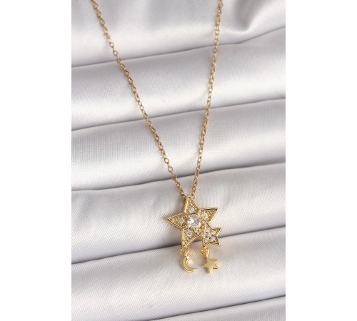 316L Çelik Gold Renk Zincir Zirkon Taşlı Yıldız Model Sallanı Ay Yıldız Detay Kadın Kolye 316L Çelik Gold Renk Zincir Zirkon Taşlı Yıldız Model Sallanı Ay Yıldız Detay Kadın Kolye