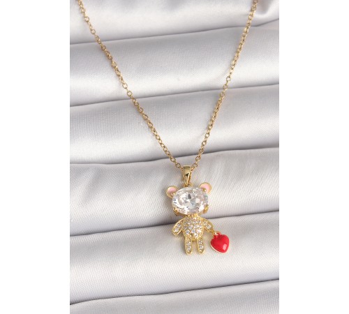 316L Çelik Gold Renk Zincir Zirkon Taşlı Ayıcık Model Kırmızı Kalp Detay Kadın Kolye 316L Çelik Gold Renk Zincir Zirkon Taşlı Ayıcık Model Kırmızı Kalp Detay Kadın Kolye