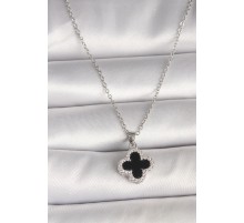 316L Çelik Gümüş Renk Zincir Zirkon Taşlı Yonca Model Kadın Kolye