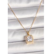 316L Çelik Gold Renk Zincir Kare Zirkon Taşlı Model Kadın Kolye
