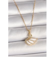 316L Çelik Gold Renk Zincir Zirkon Taşlı Kuğu Model Kadın Kolye
