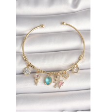 Pirinç Gold Renk Sallantı Zirkon Taşlı AYıcık Figür Kalp Detay Charm Kadın Bileklik