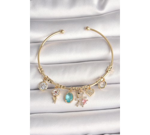 Pirinç Gold Renk Sallantı Zirkon Taşlı AYıcık Figür Kalp Detay Charm Kadın Bileklik Pirinç Gold Renk Sallantı Zirkon Taşlı AYıcık Figür Kalp Detay Charm Kadın Bileklik