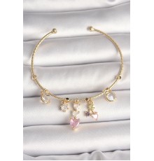 Pirinç Gold Renk Sallantı Zirkon Taşlı Kalp Figür Pembe Kalp Detay Charm Kadın Bileklik