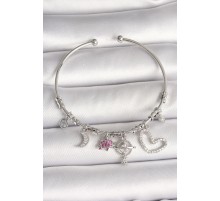 Pirinç Gümüş Renk Sallantı Zirkon Taşlı Gezegen Figür Kalp Detay Charm Kadın Bileklik