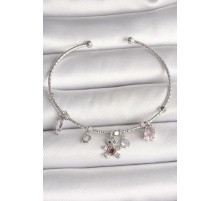 Pirinç Gümüş Renk Sallantı Zirkon Taşlı Ayıcık Figür Kırmızı Taş Detay Charm Kadın Bileklik