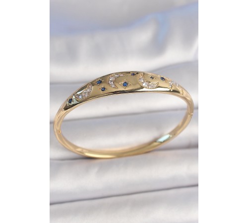 Pirinç Gold Renk Zirkon Taşlı Hilal İşleme Mavi Taşlı Yıldız Detay Kadın Kelepçe Pirinç Gold Renk Zirkon Taşlı Hilal İşleme Mavi Taşlı Yıldız Detay Kadın Kelepçe