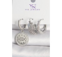 Pirinç Gümüş Renk Zirkon Taşlı Göz İşlemeli Halka Model 3'Lü Kadın Kombin Küpe