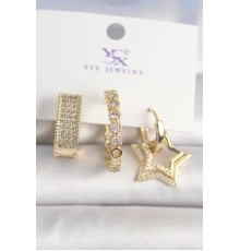Pirinç Gold Renk Zirkon Taşlı Yıldız Figür Halka Model 3'Lü Kadın Kombin Küpe