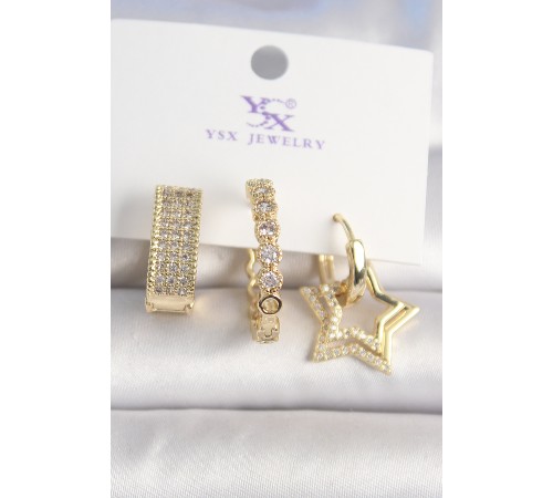 Pirinç Gold Renk Zirkon Taşlı Yıldız Figür Halka Model 3'Lü Kadın Kombin Küpe Pirinç Gold Renk Zirkon Taşlı Yıldız Figür Halka Model 3'Lü Kadın Kombin Küpe