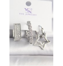 Pirinç Gümüş Renk Zirkon Taşlı Yıldız Figür Halka Model 3'Lü Kadın Kombin Küpe