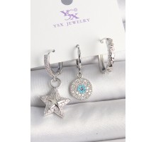 Pirinç Gold Renk Zirkon Taşlı Yıldız Model Nazar Boncuk Detay 3'Lü Kadın Kombin Küpe