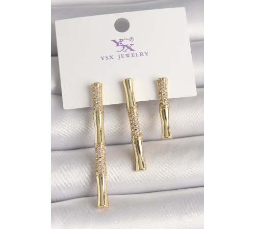 Pirinç Gold Renk Zirkon Taşlı Bambu Model 3'Lü Kadın Kombin Küpe Pirinç Gold Renk Zirkon Taşlı Bambu Model 3'Lü Kadın Kombin Küpe