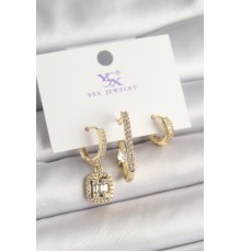 Pirinç Gold Renk Zirkon Taşlı Baget Halka Model 3'Lü Kadın Kombin Küpe